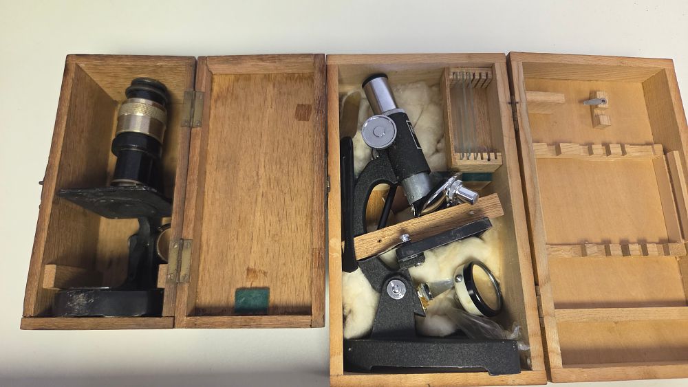 Lot 289 – A Pair of Vintage Compound Student Microscopes in Fitted Wooden Cases