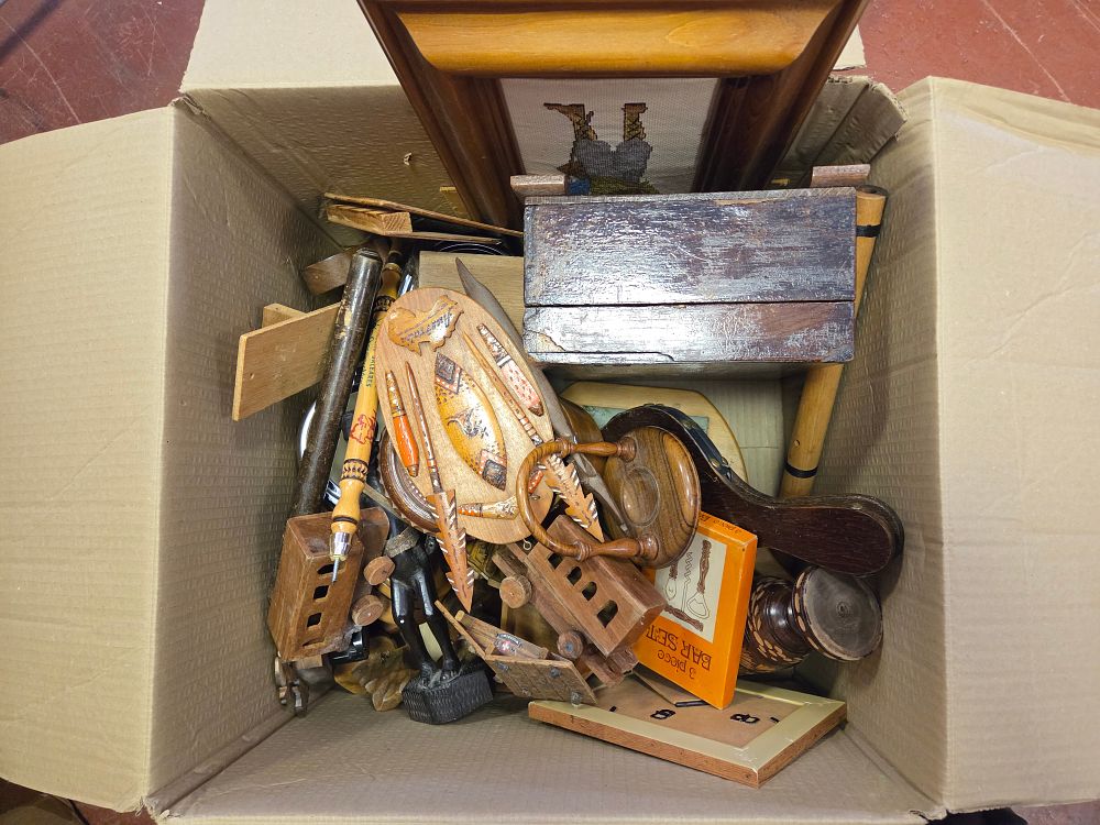 Lot 316 – An Assortment of Decorative Wooden Objects, Ethnographic Curios, and a Vintage Bar Set