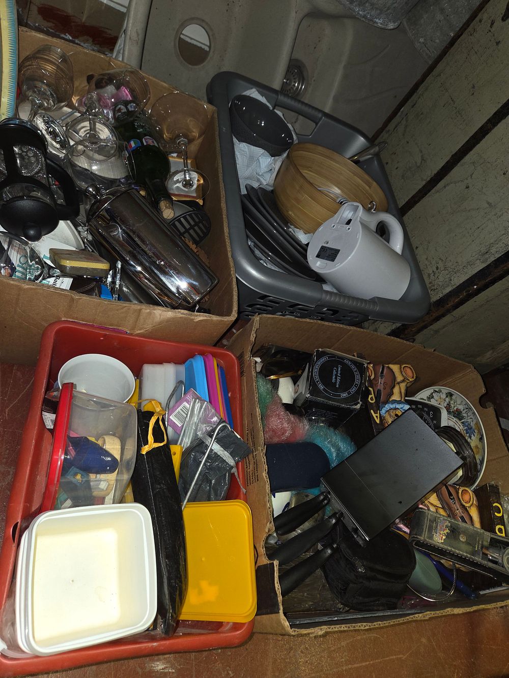 Lot 336 – 4 Boxes of Household Kitchenware, Glassware, Plastic Storage, and a Commemorative Golden Jubilee Vase