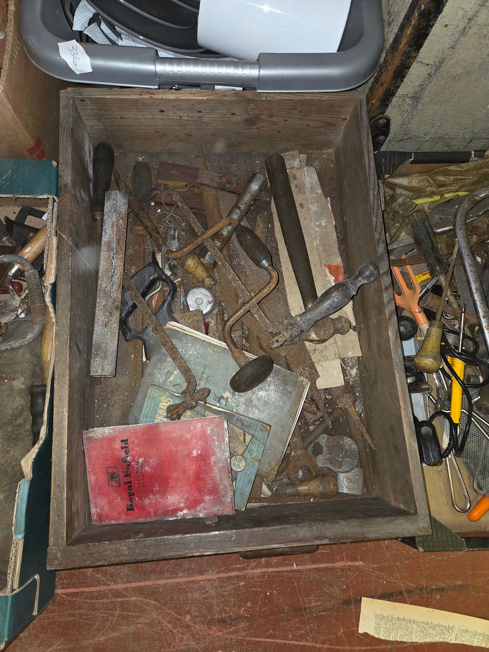 Lot 339 – An Assortment of Vintage Workshop Hand Tools and Royal Enfield Ephemera in a Wooden Crate