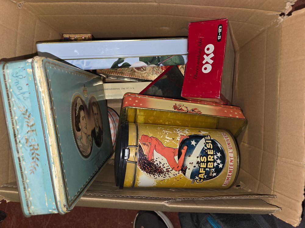 Lot 375 – An Assortment of Vintage Mid-20th-Century Advertising and Commemorative Tins and Packaging
