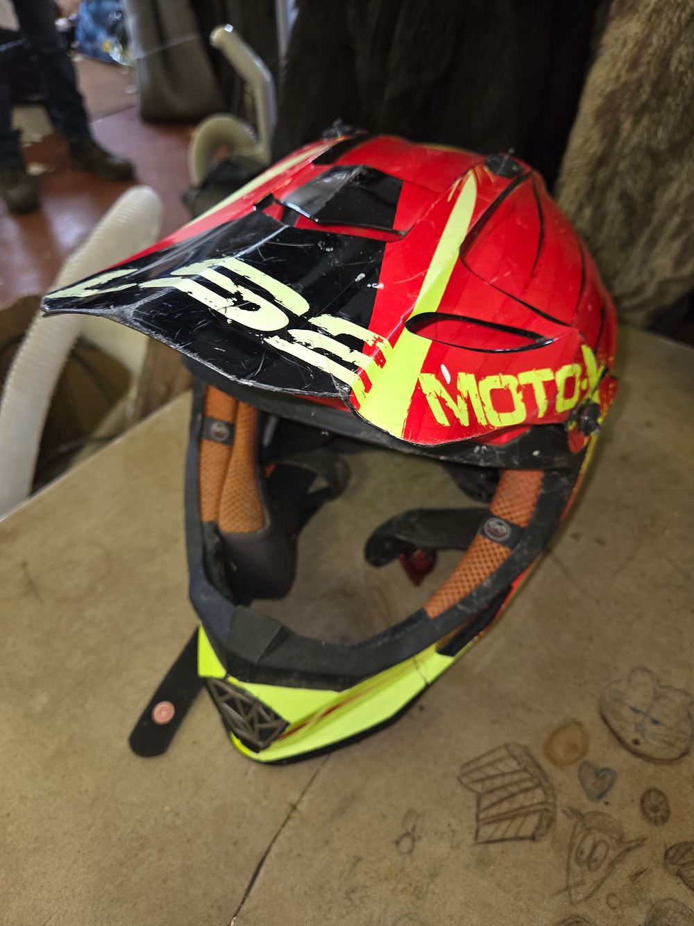 Lot 377 – Motocross Helmet with Red and Fluorescent Yellow Graphics