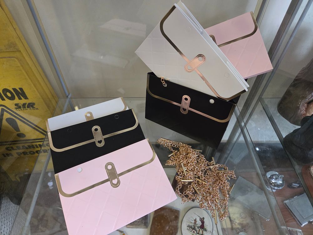 Lot 651 – A Collection of Six Novelty Quilted Purse-Style Gift Boxes with Gold-Toned Chains