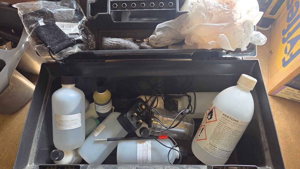 Lot 205 – A Collection of Metal Restoration and Electroplating Chemicals and Accessories in a Plastic Toolbox