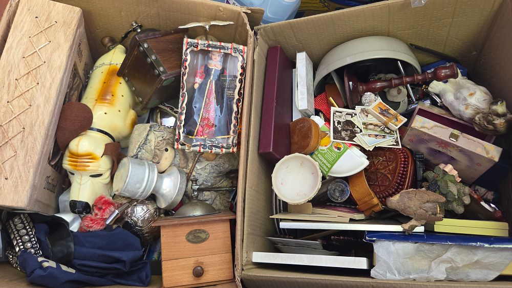 Lot 216 – Two Boxes of Vintage Collectables and Decorative Items Including a Peugeot Frères Coffee Grinder