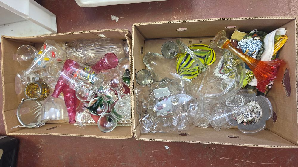 Lot 296 – Two Boxes of Decorative and Household Glassware, Art Glass, and Miscellaneous Items
