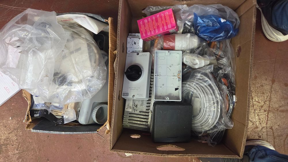 Lot 311 – Two Boxes of Industrial Electrical Components and Solar PV Installation Equipment