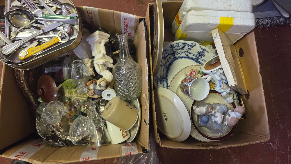 Lot 336 – Two Boxes of Ceramic, Glass, and Metal Household Goods and Decorative Objects