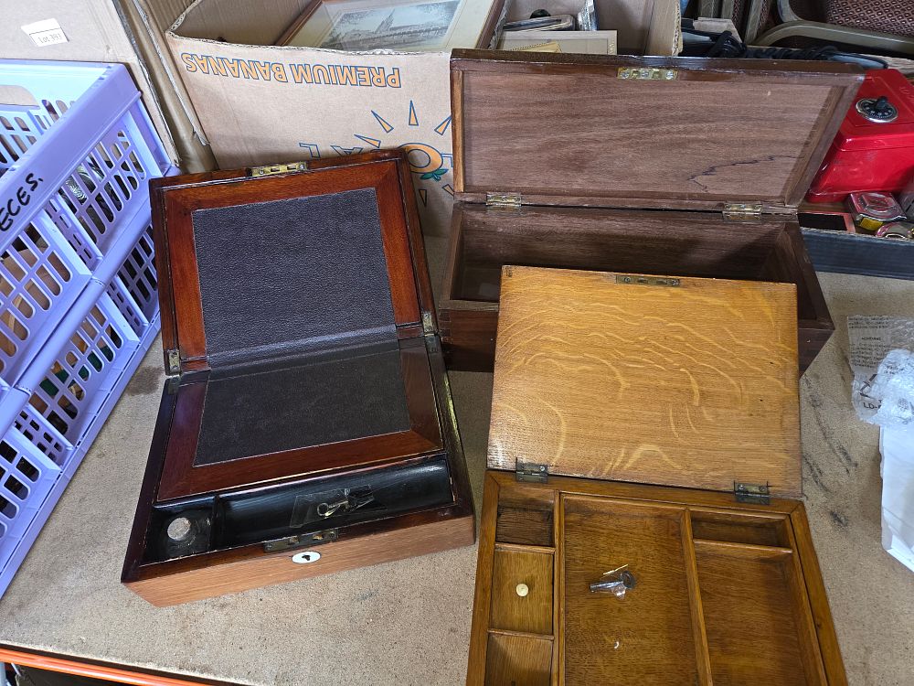 Lot 403 – A Trio of Antique Wooden Boxes Including a Victorian Writing Slope with Keys
