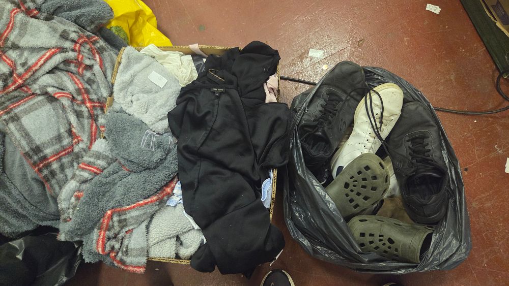 Lot 168 – Box and Bag of Mixed Adult Footwear and Clothing, Including River Island and Skechers