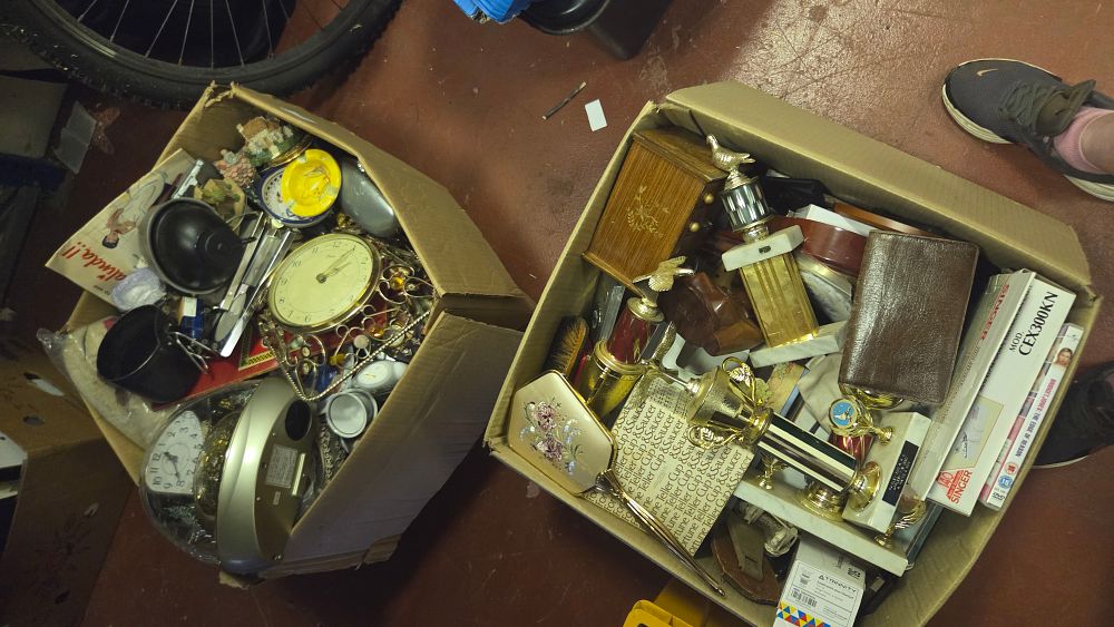 Lot 174 – Two Boxes of Assorted Household Collectables, Trophies, and Decorative Objects