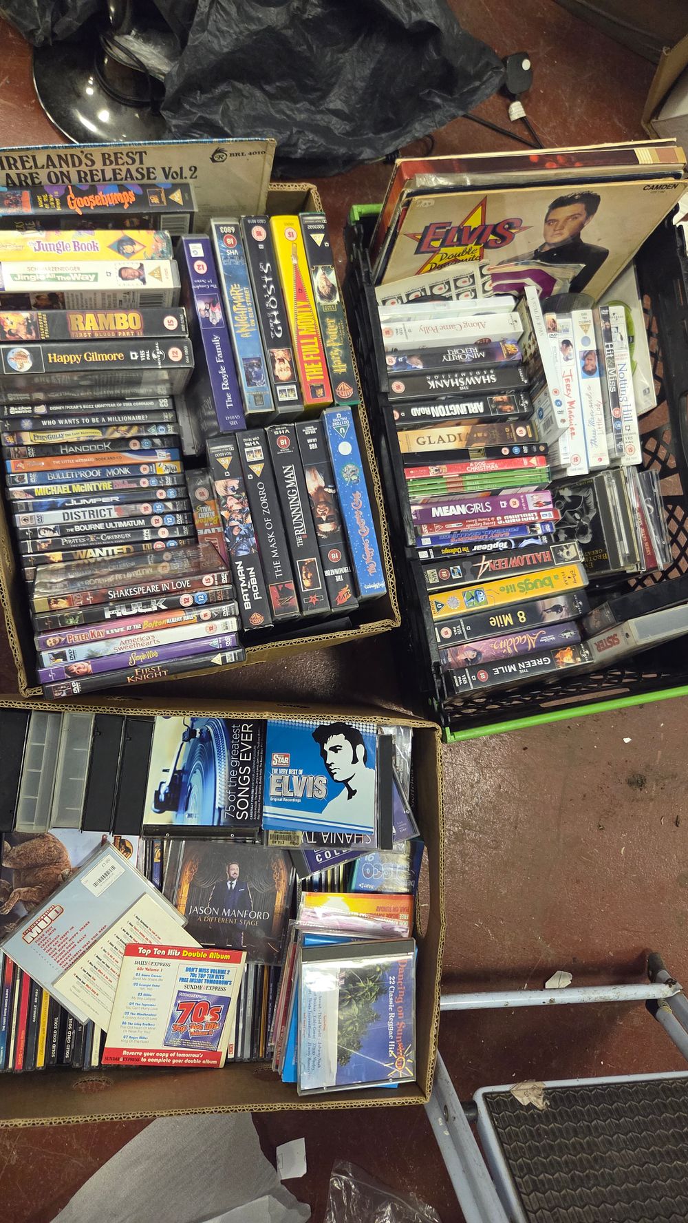 Lot 224 – Three Boxes of Mixed Entertainment Media Including DVDs, VHS Tapes, and CDs