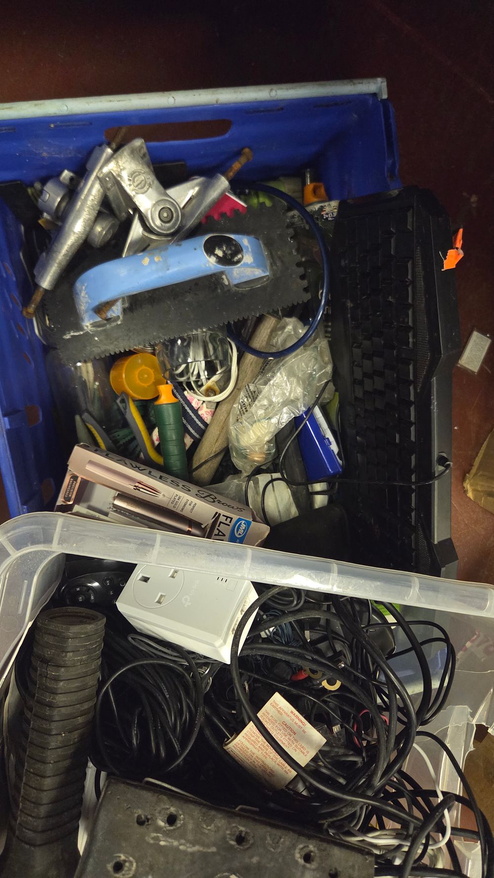 Lot 225 – Two Boxes of Household Goods, Power Tools, and Networking Electronics
