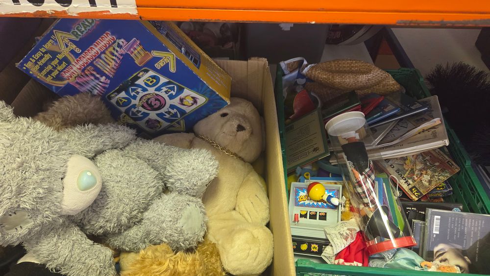 Lot 232 – Two Boxes of Vintage and Modern Toys including a Boxed Dance Master II Electronic Dance Mat and Plush Bears