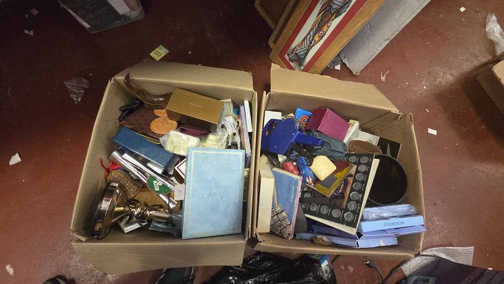 Lot 239 – Two Boxes of Collectables and Household Sundries Including Gucci and Wedgwood Branded Items