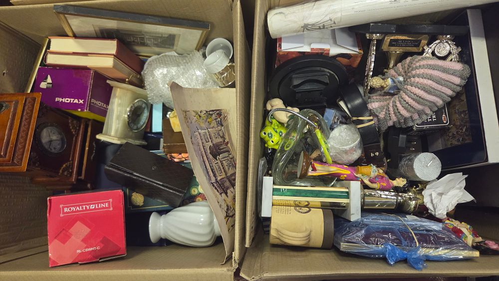 Lot 245 – Two Boxes of Decorative Objects, Timepieces, and Household Collectables