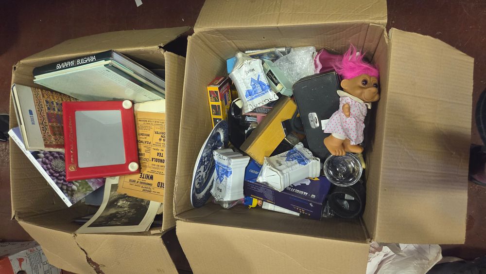 Lot 289 – Two Boxes of Miscellaneous Household Items, Vintage Toys, and Printed Ephemera