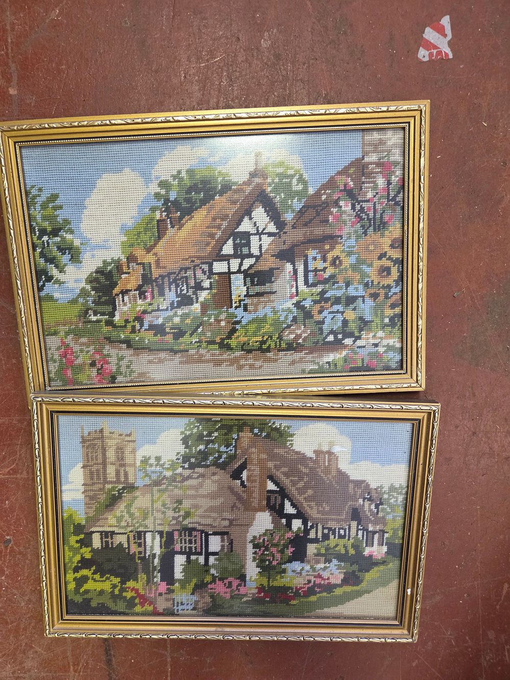 Lot 349 – A Pair of Framed Needlepoint Tapestry Pictures Depicting English Rural Cottages