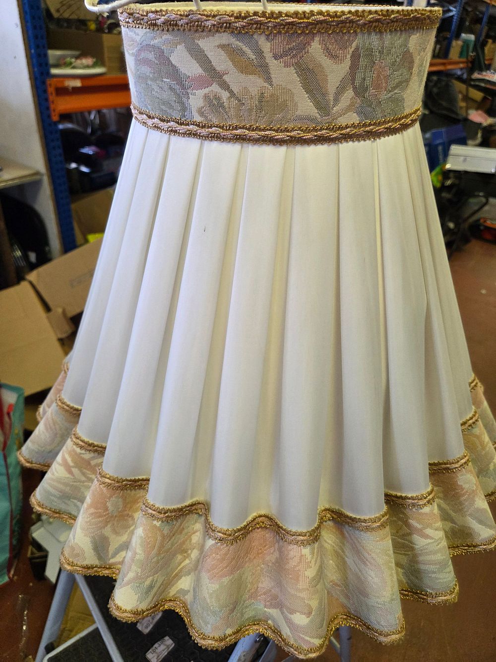 Lot 400 – A Traditional Cream Pleated Fabric Lampshade with Floral Tapestry Borders and Scalloped Edge