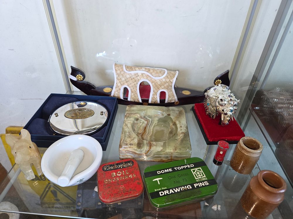 Lot 617 – A Collection of Vintage Decorative and Household Objects including Model Gondola, Figural Items, and Lithographed Tins