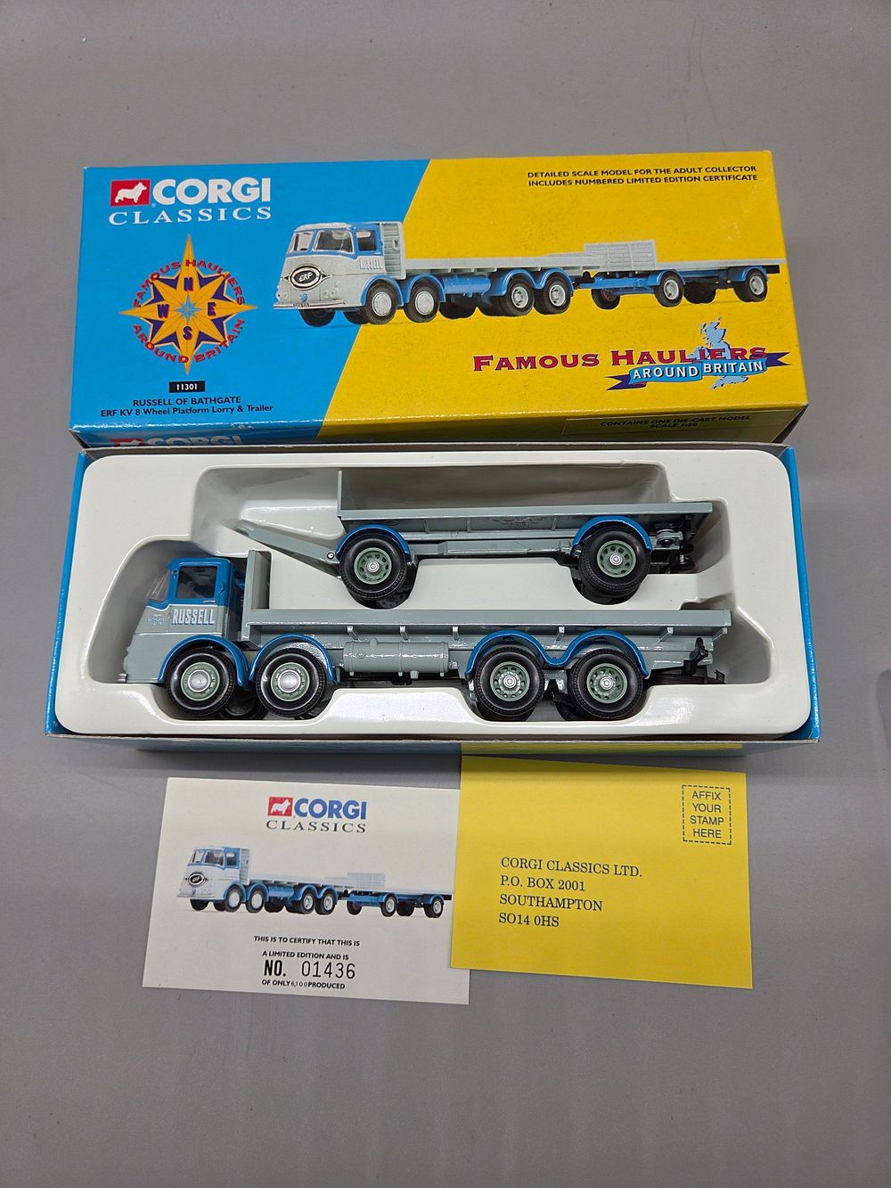Lot 251 – Corgi Classics 11301 Russell of Bathgate ERF KV 8 Wheel Platform Lorry and Trailer
