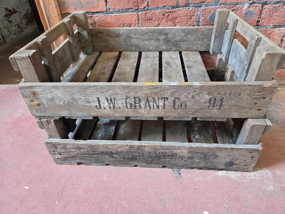 Lot 346 – A Pair of Vintage Stencilled Wooden Industrial Crates for J.W. Grant and Co.