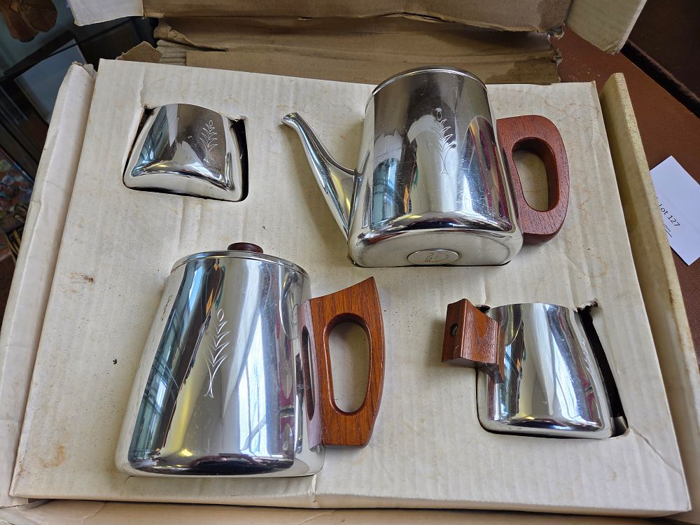 Lot 358 – A Sona Stainless Steel and Teak Tea and Coffee Service