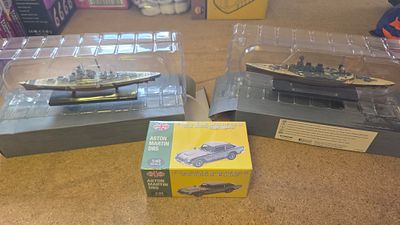 Three Atlas Editions Die-Cast Models Including Bismarck, HMS Hood and Aston Martin DB5