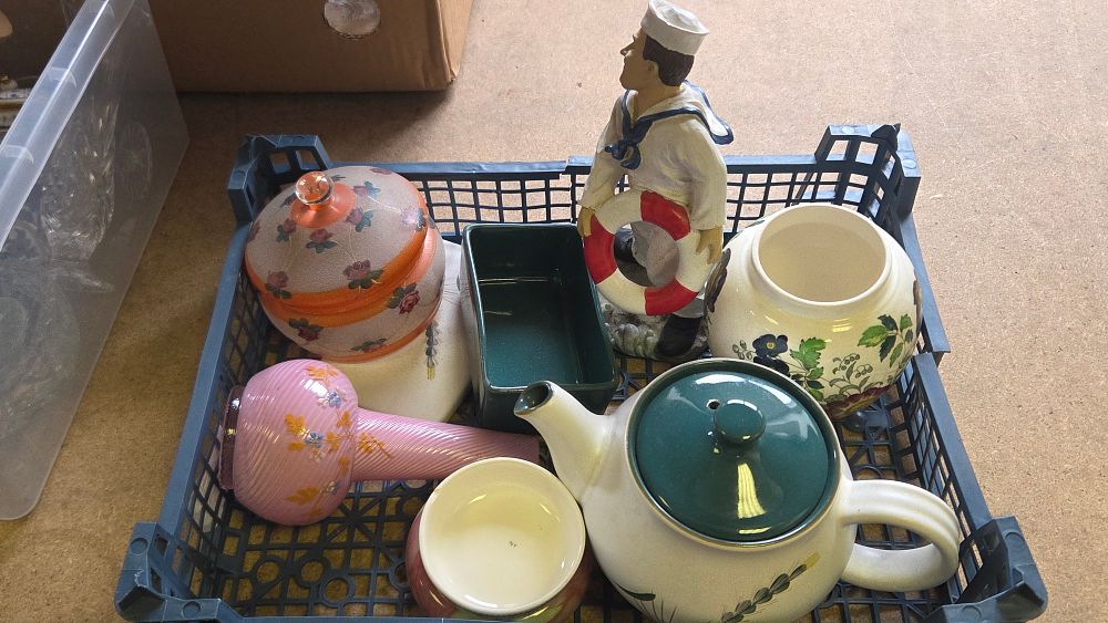 Lot 198 – An Assortment of Decorative Ceramics and Glassware Including a Sailor Figurine and a Teapot in the Style of Susie Cooper
