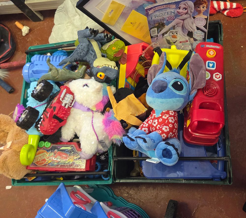 Lot 203 – Two Boxes of Contemporary Childrens Toys including VTech Playtime Bus and Disney Stitch Plush