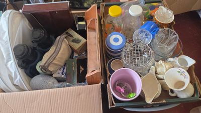 Two Boxes of Vintage Household Sundries, Glassware, and Small Electrical Goods
