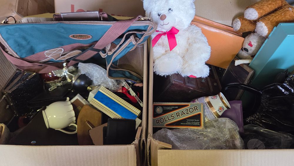 Lot 328 – Two Boxes of Household Goods, Accessories, and Collectibles including a Cotton Traders Bag and a Vintage Rolls Razor