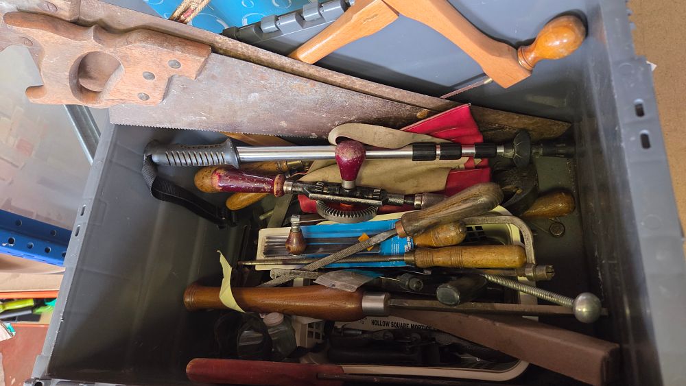 Lot 332 – A Collection of Vintage Woodworking and Workshop Tools including a Handsaw and Hand Drill