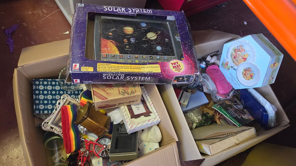 Lot 342 – Two Boxes of Miscellaneous Toys and Giftware including a Boxed Interactive Solar System and Disney Winnie the Pooh Nursery Set