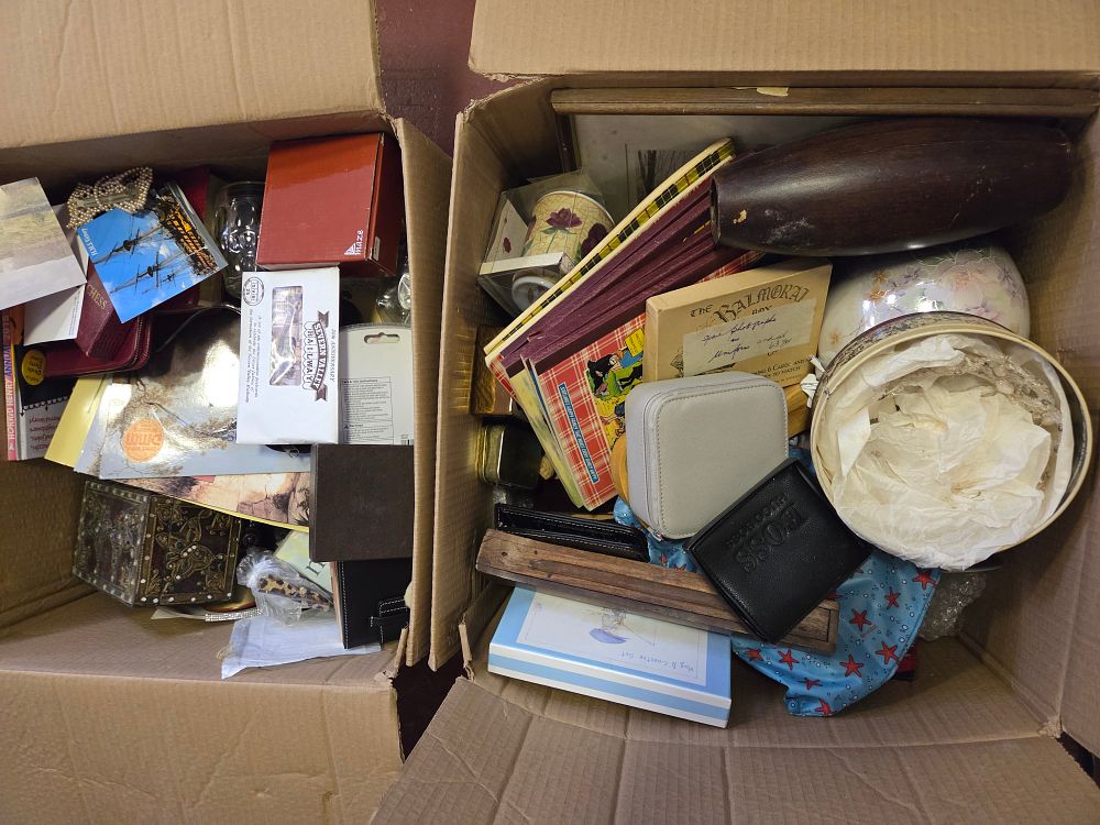 Lot 418 – Two Boxes of Miscellaneous Collectables, Ephemera, and Household Items
