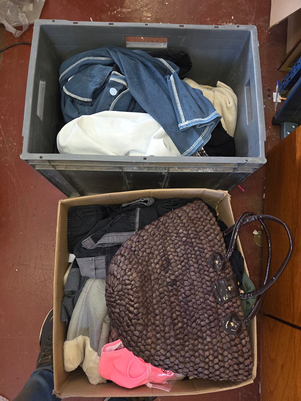 Lot 435 – Two Boxes of Mixed Textiles and Fashion Accessories including Handbag