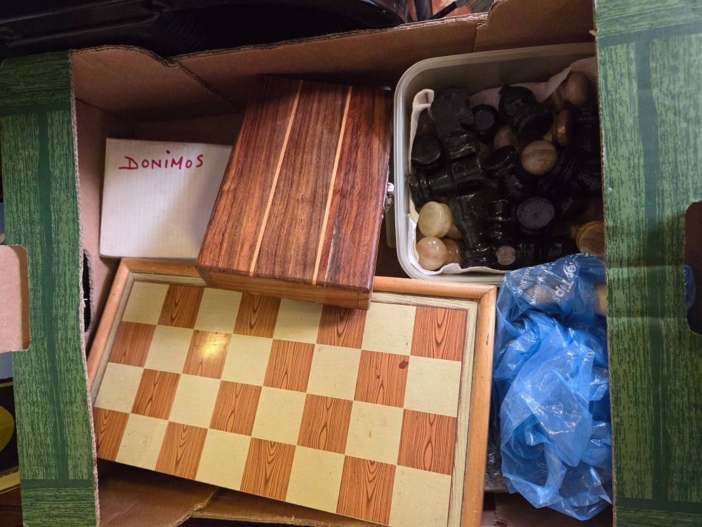 Lot 443 – An Assortment of Traditional Table Games including a Stone Chess Set and Inlaid Hardwood Box
