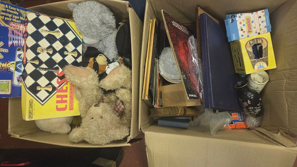 Lot 187 – Two Boxes of Vintage Toys, Games, and Decorative Items including Spears Games Chess and Teddy Bears