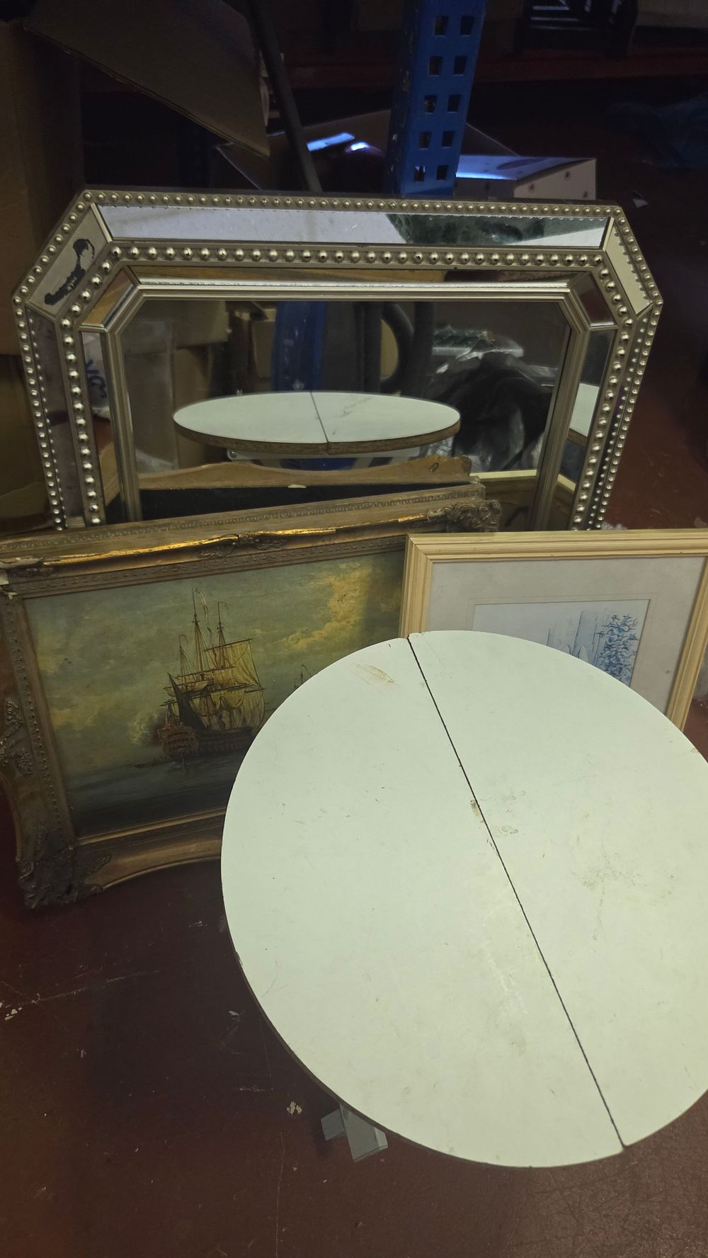 Lot 191 – Beaded Octagonal Mirror two Framed Pieces of Artwork and Camping Stool