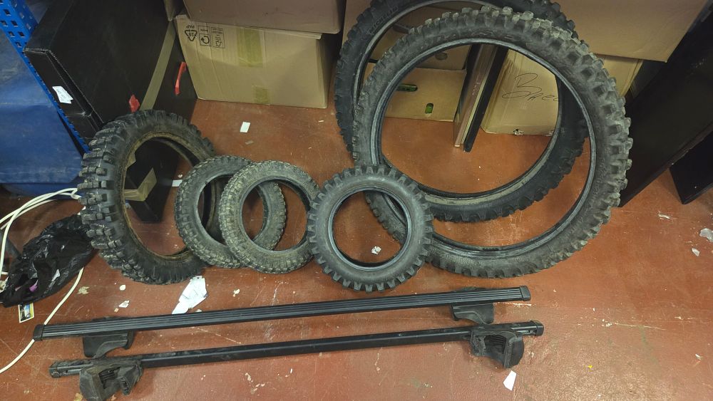 Lot 193 – Selection of Assorted Off-Road Motorcycle Tyres and a Pair of Vehicle Roof Bars