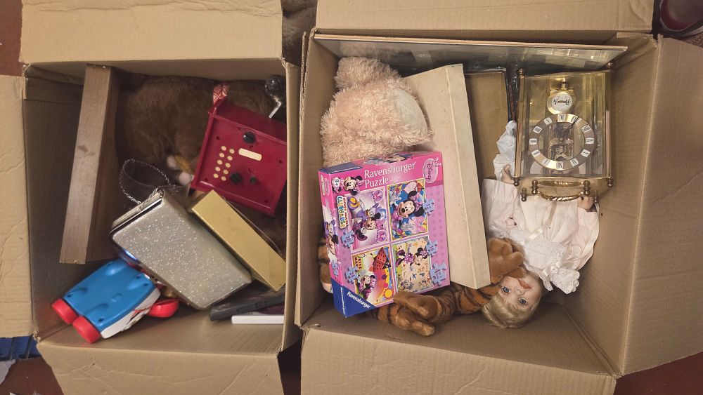 Lot 216 – Two Boxes of Vintage and Modern Toys, Collectables, and a Brass Carriage Clock