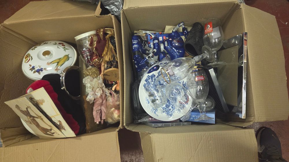 Lot 217 – Two Boxes of Miscellaneous Household Items, Toys, and Glassware