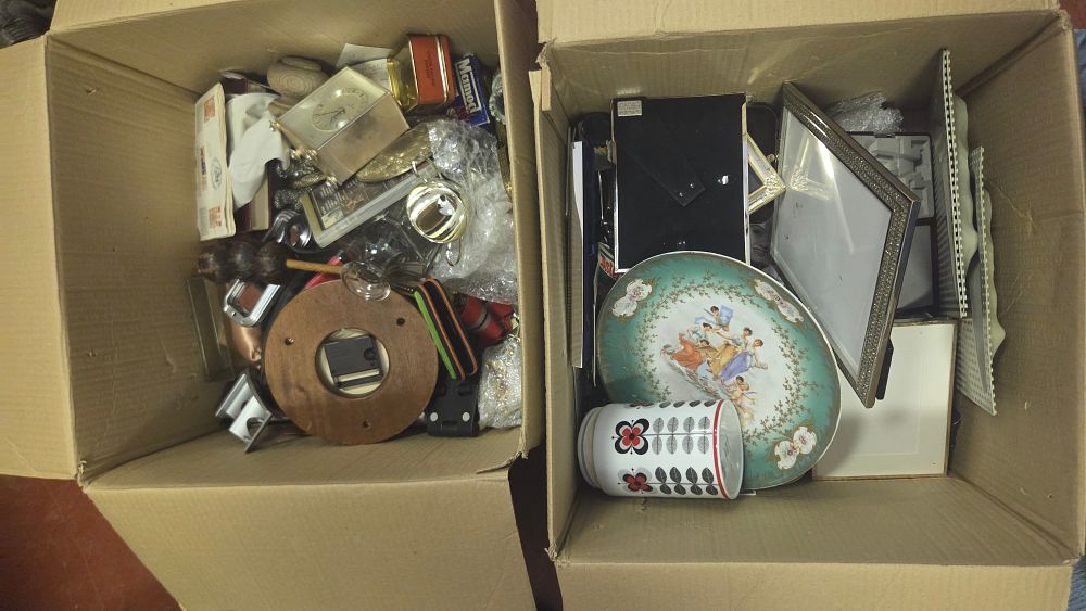 Lot 219 – Two Boxes of Decorative Objects, Household Items, and Collectables