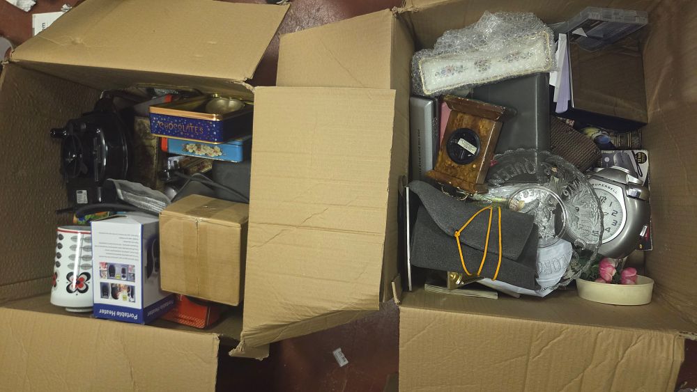 Lot 220 – Two Large Boxes Containing an Assortment of Household Sundries, Small Appliances, and Collectables
