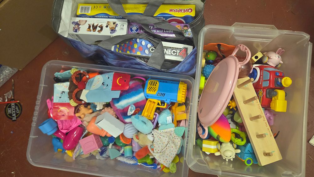 Lot 221 – Two Boxes and Bag of Board Games and Children’s Toys including Operation, Connect 4, and Disney Winnie the Pooh Counting Game