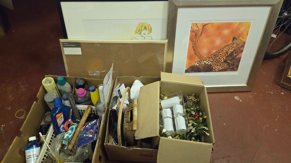 Lot 189 – Two Boxes of Household Goods, Seasonal Decorations and Framed Artwork