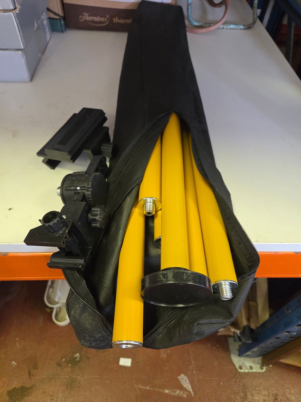 Lot 237 – A Telescopic Laser Level Pole Set with Mounting Brackets and Carrying Bag