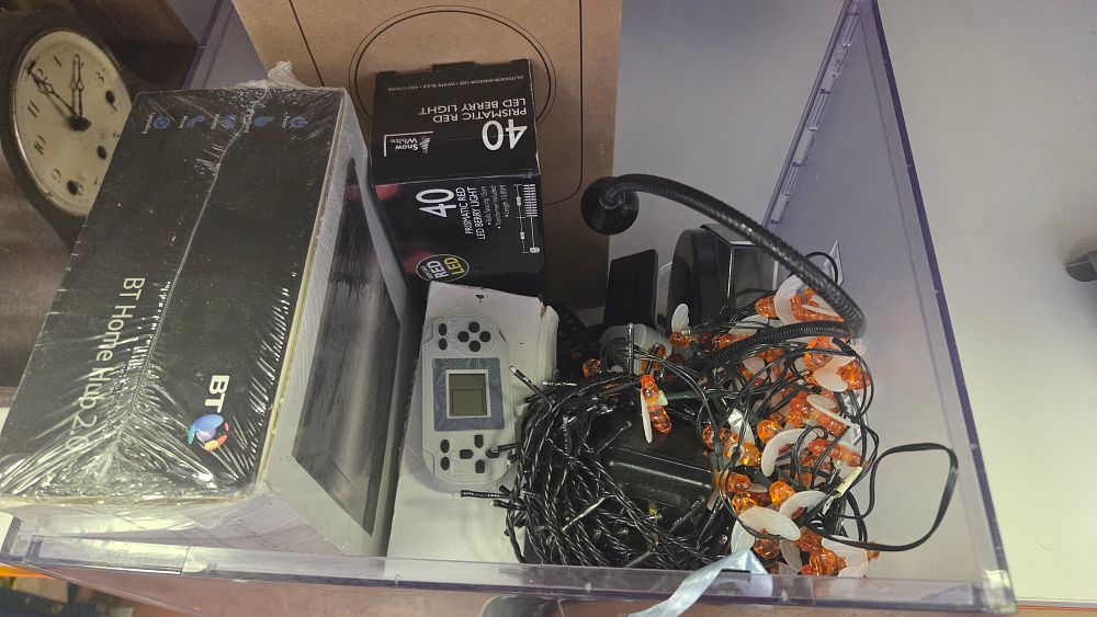 Lot 249 – A Collection of Household Electronics and Decorative Lighting including a BT Home Hub 2.0 and an Elektronika Style Handheld Game