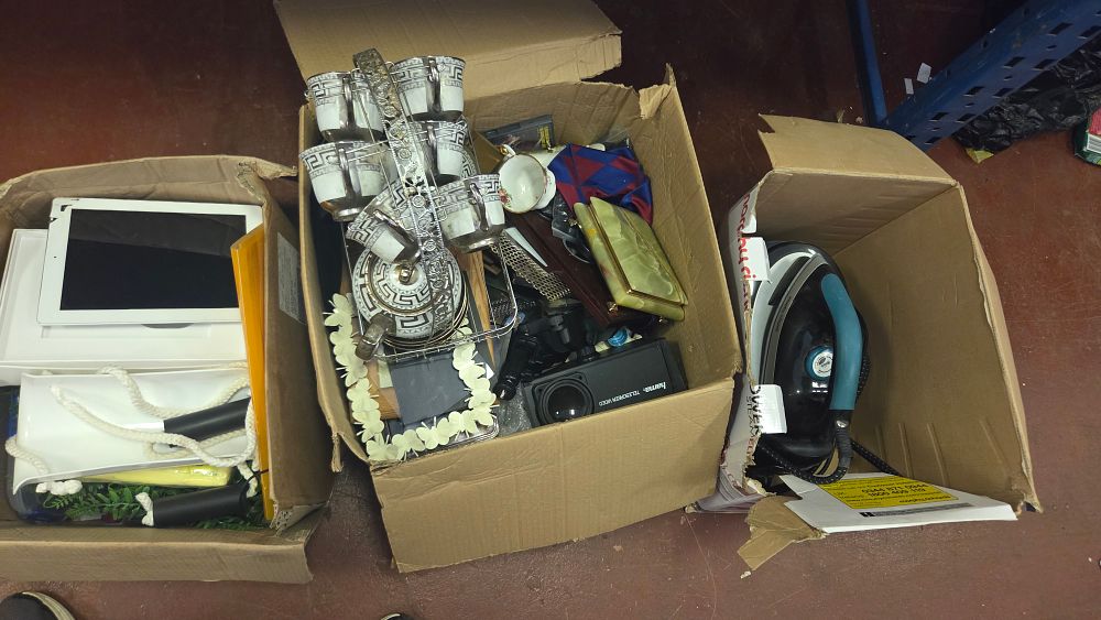 Lot 266 – Three Boxes of Household Goods and Electronics including a Tea Service, Apple iPad, and Steam Iron