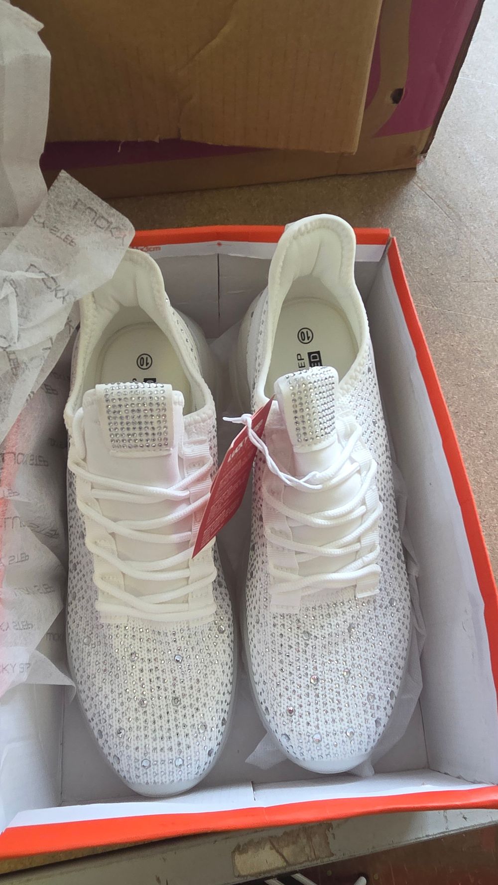 Lot 288 – A Pair of New Lucky Step White Rhinestone Embellished Vegan Trainers, UK Size 10